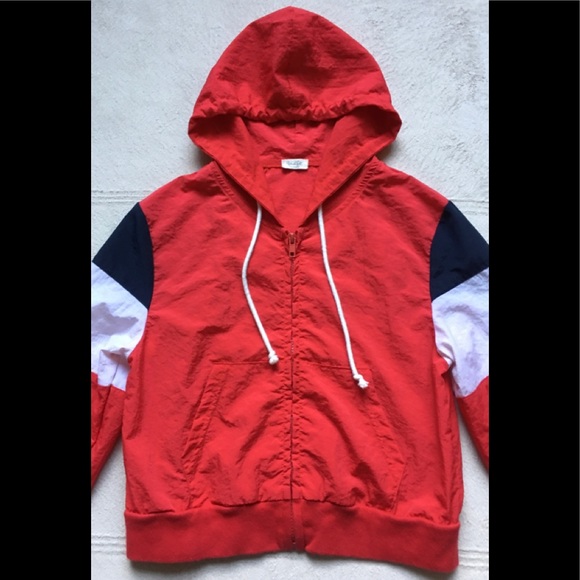 John Galt BRANDY MELVILLE Nylon Hoodie, Red, White - Picture 3 of 8